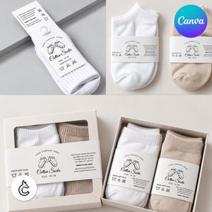 May include: A collection of white and beige ankle socks packaged with branded paper bands. The labels feature the text Cotton Socks, size 15-18, and care instructions. Some socks are presented in a rectangular cardboard box with a window cutout.