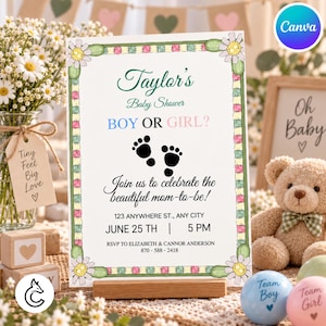 Editable Baby Shower Invitation Canva Template, Boy or Girl Gender Reveal Invite, Pastel Floral Patchwork Digital Download
