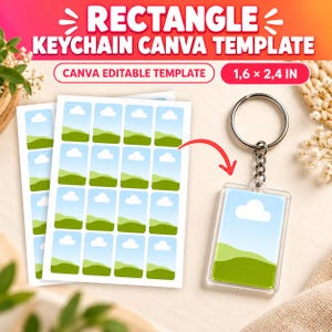 Puede incluir: Una plantilla de Canva para llaveros rectangulares que incluye una hoja con varios insertos pequeños con un diseño de cielo azul, colinas verdes y una nube blanca. Un llavero de acrílico transparente está unido a una argolla metálica.