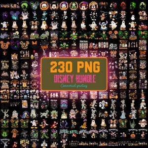 May include: A digital collection of 230 PNG files featuring various Disney characters in Halloween costumes, including ghosts, mummies, and pumpkins. The central text reads 230 PNG DISNEY BUNDLE Commercial printing on a dark background.