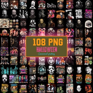 May include: A digital collection of 108 PNG files featuring various Halloween and horror-themed graphic illustrations, including iconic movie characters, pumpkins, and spooky motifs, displayed in a grid layout with a central text overlay.