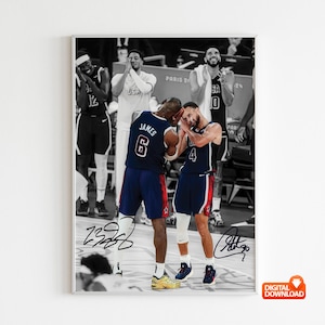 May include: A black and white sports poster featuring basketball players on a court. Two players in blue jerseys with numbers 6 and 4 are in the foreground, with signatures visible at the bottom. Other players are in the background.