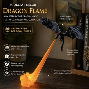 May include: A black dragon figurine in a dynamic flying pose, featuring intricate wing, scale, and claw details. The dragon is emitting a long, translucent orange flame that extends downward to the surface, creating a decorative display piece.