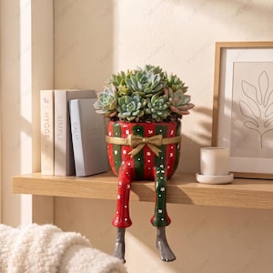 May include: A succulent plant in a red and green striped ceramic planter with a gold bow. The planter features dangling legs with grey feet, white snowflake patterns, and a festive design. The plant has multiple green and pink-tipped rosettes.