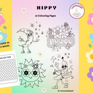 Op de afbeelding: Een digitaal kleurboek getiteld HIPPY met 15 kleurplaten met zwart-wit lijntekeningen van een halve maan, een zon met bloemenbril, een bananenfiguur en het woord peace, inclusief een aparte pagina om kleuren te testen.