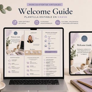 Puede incluir: Una plantilla de guía de bienvenida digital para asistentes virtuales, mostrada en una laptop, tablet y smartphone. El diseño presenta una paleta de colores neutros con acentos morados y encabezados de texto como Welcome Guide y 12 Páginas.