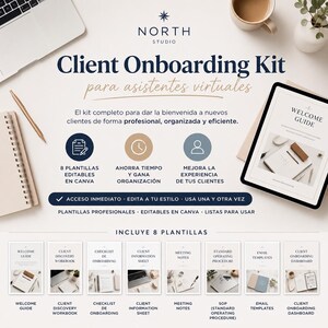 Könnte beinhalten: Ein digitales Kunden-Onboarding-Kit für virtuelle Assistenten mit acht bearbeitbaren Canva-Vorlagen. Das Dokument enthält einen Willkommensleitfaden, ein Discovery-Arbeitsbuch, eine Onboarding-Checkliste, ein Informationsblatt, Besprechungsnotizen, SOP, E-Mail-Vorlagen und ein Dashboard.