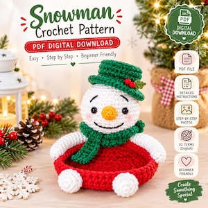 Patrón de posavasos de ganchillo con forma de muñeco de nieve, decoración navideña para la mesa (descarga en PDF)