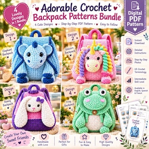 Può includere: Un pacchetto di modelli PDF digitali per quattro zaini all'uncinetto a forma di elefante, unicorno, coniglio e rana. Il testo include Adorable Crochet Backpack Patterns Bundle e Digital PDF Pattern.
