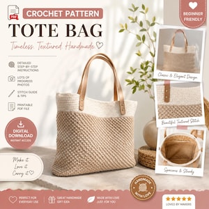 Może przedstawiać: Wzór szydełkowy na torbę typu tote w formacie PDF do pobrania. Torba ma dwukolorowy design z teksturowaną dolną częścią w kolorze opalenizny i gładką górną częścią w kolorze kremowym, z dwoma uchwytami z imitacji skóry mocowanymi na metalowe nity.