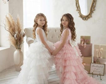 Flower Girl Dress with Tiered Tulle Train, Princess Wedding Dress for Girls, Blush Pink & Ivory Party Gown, Birthday Pageant Outfit