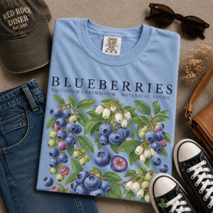 Op de afbeelding: Een lichtblauw t-shirt met een botanische illustratie van bosbessen en witte bloemen met de tekst "BLUEBERRIES VACCINIUM CORYMBOSUM BOTANICAL STUDY" in het zwart gedrukt. Het shirt heeft een ronde hals en een Comfort Colors label.