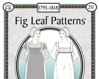 May include: A black and white line drawing of two women wearing sheer petticoat gowns. The image is from a vintage sewing pattern for sizes 8-18. The pattern is titled "Fig Leaf Patterns" and the pattern number is 211. The text "Sheer Petticoat Gown or Half-Bodiced Under Petticoat from a Private Collection" is also included.