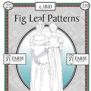 以下が含まれることがあります： 短い袖とフロントオープンなドレスを着た2人の女性の白黒の線画。画像は、シップスバーグ大学のファッションアーカイブ＆ミュージアムのヒストリカルドレスパターンコレクションであるFig Leaf Patternsからのものです。画像には「c.1810」と「220」のテキストも表示されています。