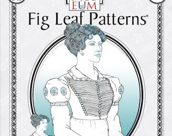 May include: A black and white illustration of a woman wearing a velvet Spencer from the collection of the DAR Museum. The illustration is in a circle with a blue background. The text "Fig Leaf Patterns" is at the top of the image. The text "Velvet Spencer from the Collection of the DAR Museum" is below the illustration. The text "c. 1815-1818" is below that.