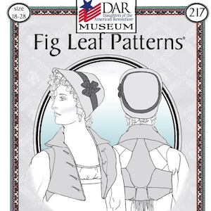 以下が含まれることがあります： DAR博物館のコレクションから、袖なしのスペンサーまたはベストの白黒線画。図面は、衣服の正面と背面のビューを示しています。画像には、「Fig Leaf Patterns」と「c.1798-1800」のテキストが含まれています。