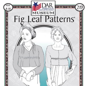 Puede incluir: Un dibujo en blanco y negro de dos mujeres con vestidos cortos con cuello. La imagen es de la colección Fig Leaf Patterns del Museo de las Hijas de la Revolución Americana. El texto de la imagen dice "Lined Short Gown with Collar, Unlined Short Gown with Facing from the Collection of the DAR MUSEUM late 18th C. - early 19th C."