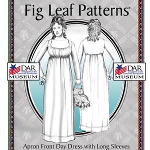 以下が含まれることがあります： 長袖の白いドレスを着た2人の女性の白黒の線画。ドレスは1795年から1805年の時代のものです。画像は「フィグリーフパターン」というタイトルで、DAR博物館のコレクションです。画像は103という番号が付けられています。