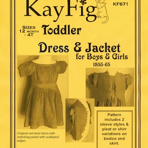 May include: A vintage sewing pattern titled "KayFig Toddler Dress & Jacket for Boys & Girls." The pattern includes two sleeve styles and pleat or shirred variations on the bodice and skirt. The image shows a red wool dress with a matching jacket.