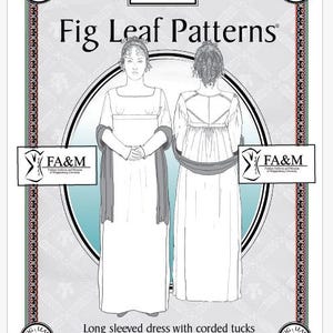以下が含まれることがあります： 1815年から1822年の時代の、コードで作ったタックが入った長袖のドレスを着た2人の女性の白黒の線画です。この画像は、歴史的な裁縫パターンを販売する会社、Fig Leaf Patternsによるものです。画像には「Fig Leaf Patterns」と「コードで作ったタックが入った長袖のドレス」というテキストが含まれています。