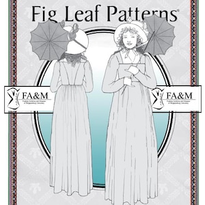以下が含まれることがあります： 18 世紀後半のドレスを着た2 人の女性を描いた白黒の線画。女性たちは帽子をかぶり、一人は日傘を持っています。画像は「Fig Leaf Patterns」と「Apron Front, Every Day Dress」とラベル付けされています。