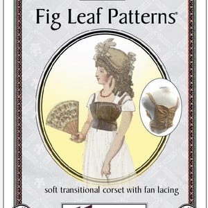 Könnte beinhalten: Ein Vintage-Schnittmuster für ein Korsett aus den späten 1790er Jahren mit Fächer-Schnürung. Das Schnittmuster trägt den Titel "Fig Leaf Patterns" und ist in den Größen 8-18 erhältlich. Das Schnittmuster stammt aus dem North Carolina Museum of History.