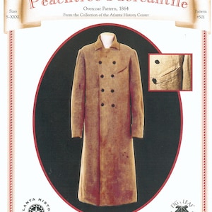 May include: A brown overcoat pattern dating from 1864. The pattern is from the collection of the Atlanta History Centre. The pattern is for a double-breasted overcoat with a high collar and a pocket on the left side. The pattern is from Peachtree Mercantile and is pattern number 501.