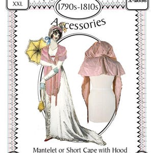 May include: A vintage sewing pattern titled "Fig Leaf Patterns Accessories" featuring a drawing of a woman in a pink and white dress with a parasol, and a pink cape with a hood. The text reads "Mantelet or Short Cape with Hood".