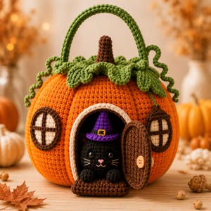 Patrón de ganchillo en PDF para cesta de dulces con forma de casita de calabaza de Halloween / Bolso amigurumi con gato negro y sombrero de bruja / Nivel principiante avanzado / 7-8 pulgadas
