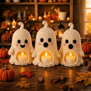 May include: Three off-white crocheted ghost figures, each featuring black circular eyes, a black mouth, and pink stitched cheeks. Each ghost has a hollow base containing a lit white tea light candle, creating a warm glow from within the figures.