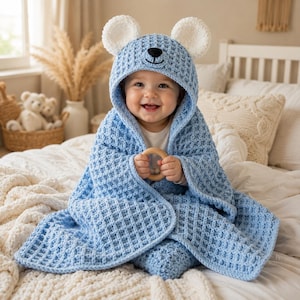 Patrón de ganchillo en PDF para manta de bebé con capucha de osito de peluche, patrón de manta de seguridad para bebé, manta de peluche apetecible, regalo fácil para bebé (hazlo tú mismo), manta de ganchillo