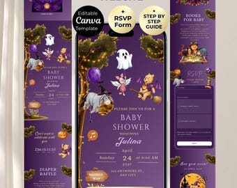 Könnte beinhalten: Eine digitale Babyparty-Website-Vorlage in Lila mit Winnie Puuh-Figuren in Halloween-Kostümen, darunter Geister, Kürbisse und Fledermäuse. Das Design enthält ein RSVP-Formular, Musik und bearbeitbare Textfelder für die Veranstaltungsdetails.