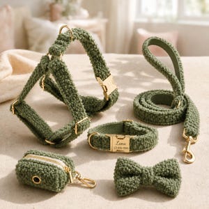 Könnte beinhalten: Ein Set aus olivgrünem, strukturiertem Haustierzubehör bestehend aus einem Geschirr, einer Leine, einem Halsband mit goldener Schnalle, graviert mit dem Namen Luna und der Nummer 123-456-7890, einer Fliege und einem kleinen Kotbeutelspender mit goldenem Reißverschluss.