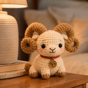 May include: A cream-colored crocheted ram plush toy with large, spiraled brown horns. The ram features black safety eyes, pink stitched cheeks, and a red collar with a gold-toned circular pendant displaying the Aries zodiac symbol in black.