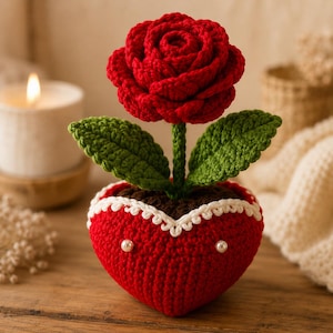 May include: A crocheted red rose with green leaves planted in a heart-shaped red pot. The pot features a white scalloped trim along the top edge and two small white pearl-like beads on the front. The stem is green and supports the flower.