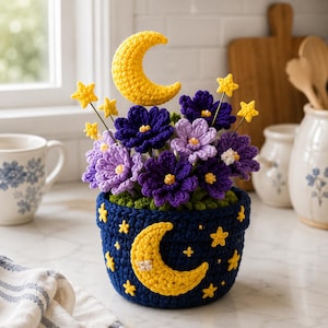 May include: A crocheted potted plant featuring dark purple and light purple flowers, accented with yellow crescent moon and star shapes on sticks, housed in a dark blue crocheted pot decorated with a large yellow crescent moon and small yellow stars.