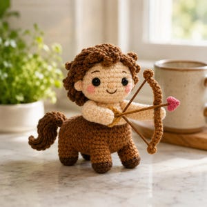 Könnte beinhalten: Eine gehäkelte Zentaur-Figur mit beigem Oberkörper und braunem Pferdeunterkörper. Die Figur hat lockiges braunes Haar, rosige Wangen und hält einen braunen Bogen mit einem kleinen rosa herzförmigen Pfeil. Die Garnstruktur ist deutlich sichtbar.