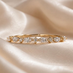 IGI Certified Alternating Marquise and Round Cut Lab Grown Diamond Half Eternity Wedding Band, Stackable Band for Women, Shared Prong Band