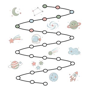 May include: A Savings Tracker printable featuring a space theme with a winding path of circles, pastel-colored planets, stars, a rocket, and an astronaut helmet. The text reads Savings Tracker, Goal, and NEW CHAPTER: FINANCIAL SUPPORT.