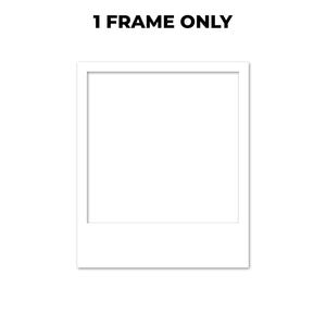 Può includere: Una cornice portafoto quadrata bianca con un bordo inferiore largo, progettata nello stile di una stampa fotografica istantanea. Il testo 1 FRAME ONLY è stampato in lettere maiuscole nere, in grassetto e senza grazie sopra la cornice.