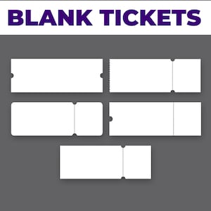 Puede incluir: Cinco boletos rectangulares en blanco dispuestos sobre un fondo gris. El texto BLANK TICKETS está impreso en letras mayúsculas moradas en negrita en la parte superior. Cada boleto presenta líneas perforadas y recortes semicirculares.