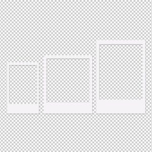 May include: Three white instant film frames of varying sizes arranged horizontally. Each frame features a rectangular border with a wider white margin at the bottom, designed to hold a photograph, presented against a transparent background.