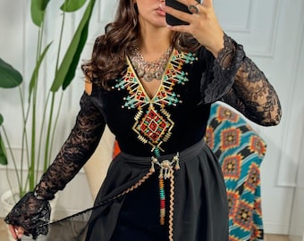 Robe Kabyle Velours Brodée, Manches Dentelle, Fouta Mousseline, Robe Traditionnelle Algérienne, Mariage Berbère, Velvet Kabyle Dress Fota