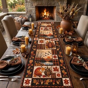 Fox Pumpkins Autumn Quilted Table Runner, Autumn Farmhouse Table Decor, Harvest Kitchen Decor, Patchwork Autumn Woodland