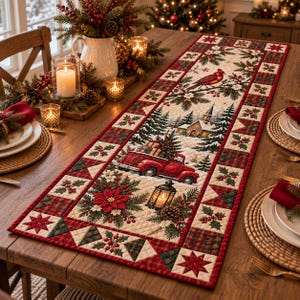 Quilted Christmas Red Truck Table Runner,Winter Village Patchwork Runner, Farmhouse Holiday Table Decor, Christmas Dining Table Runner Gift