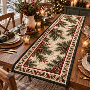 May include: A rectangular quilted table runner featuring a cream-colored fabric printed with a pattern of green pine branches, brown pinecones, and red berries, bordered by a dark green trim and a thin red line along the inner edge.