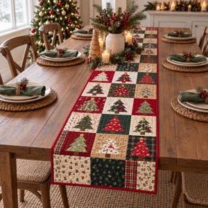 May include: A rectangular quilted table runner featuring a patchwork design of various Christmas tree patterns in red, green, cream, and plaid fabrics. The runner is centered on a wooden dining table with place settings and holiday decor.