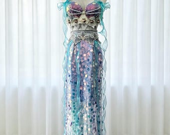Oceaanblauwe iriserende zeemeerminkostuumset, zeemeerminbeha en maxi-rok met pailletten, rave-festivaloutfit, Halloween-cadeau voor haar