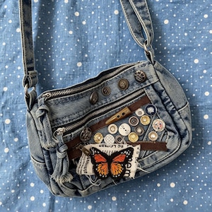 Grunge Butterfly Patch Denim Crossbody Bag, Vintage Jean Button Shoulder Bag, Indie Birthday Gift For Her