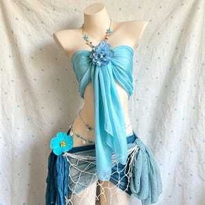 Zweiteiliges Chiffon-Set in Blau-Ozean-Tropenblau, vielseitig tragbarer Strand-Wickellook, Sommerurlaubs-Badeparty-Kostüm, Geschenk für Sie